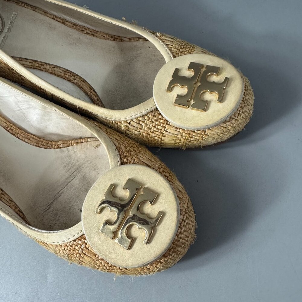 TORY BURCH Tory Burch Beige White Jute Leather Wedge Pumps, Women’s SZ 9 - Picture 14 of 16